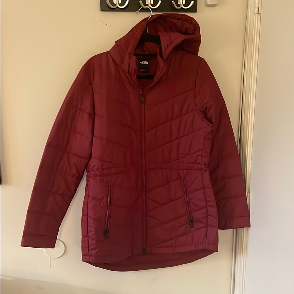 The North Face Red Quilted Puffer Coat with Hood. Tamburello style